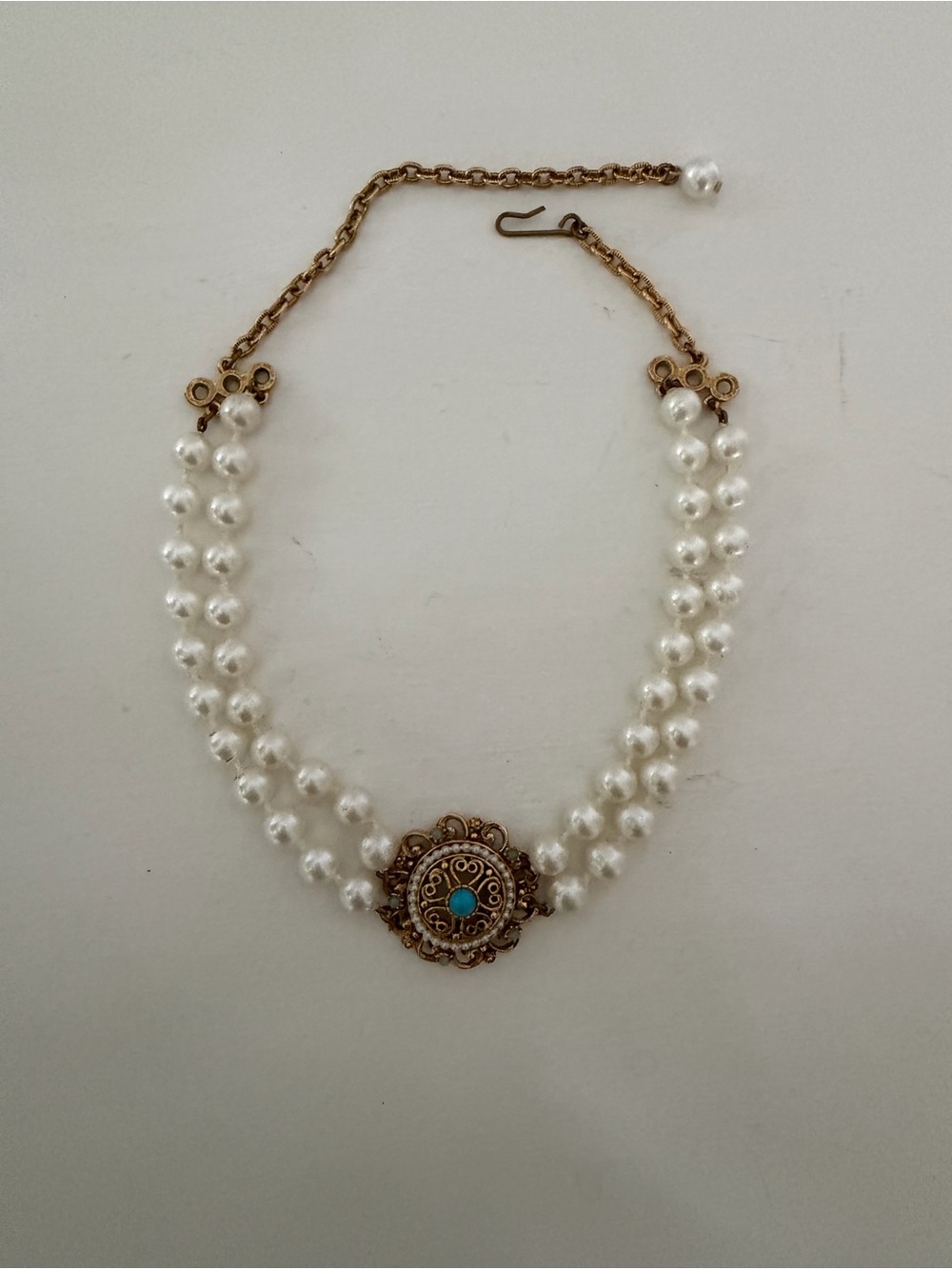 Vintage Florenza Pearl Double Strand Necklace with Turquoise Medallion